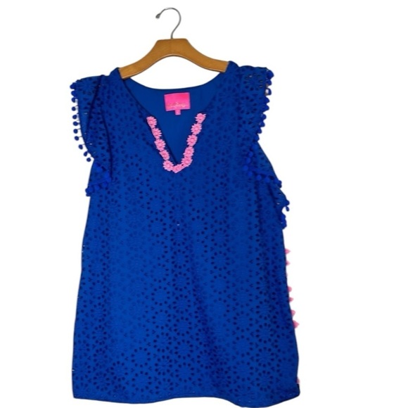 Lillly Pulitzer Eyelet Short Sleeve Mini Dress Blue Size Large - Picture 1 of 9